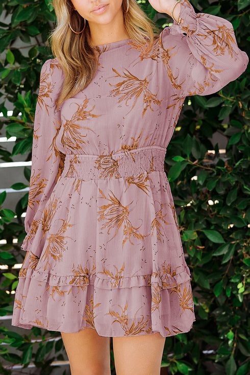 Lantern Sleeve Deep V Neck Knotted Tiered Mini Dress